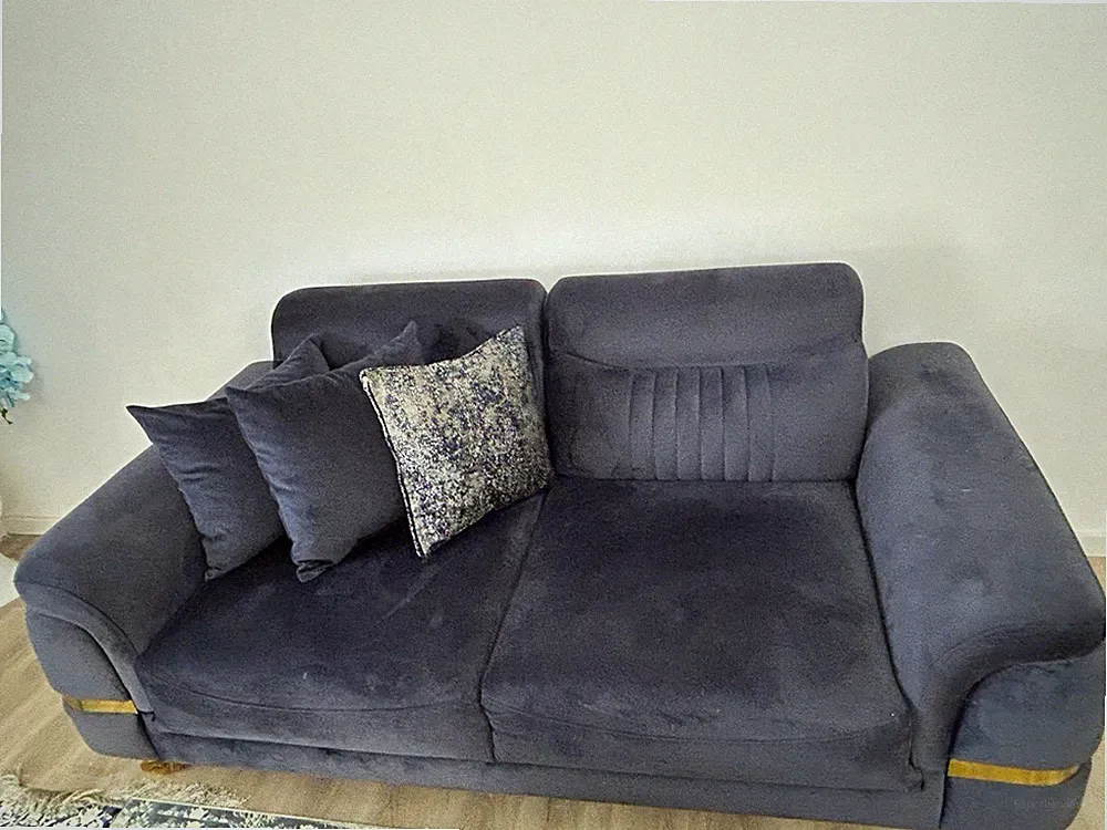 2-teiliges Sofa-Set: 2-Sitzer + Sessel, grau, Kissen, Metall, Rahmen blau