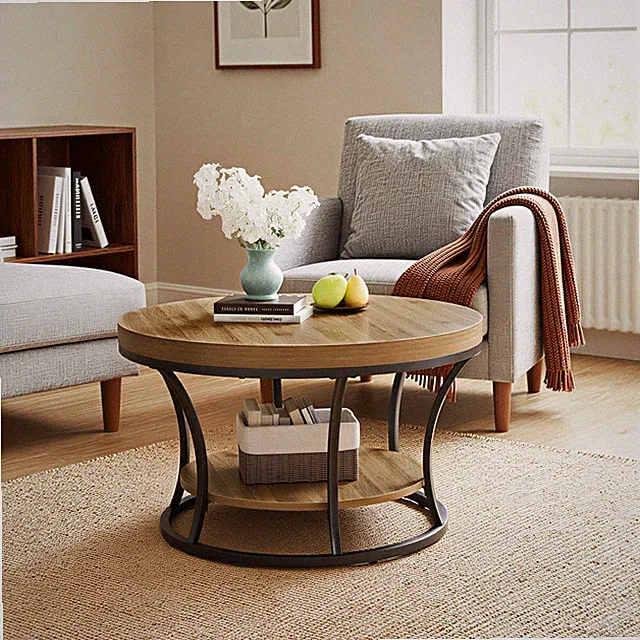 2-Tier-Runde Couchtisch, Rund Holz Wohnzimmertisch, Modern Tisch Wohnzimmer