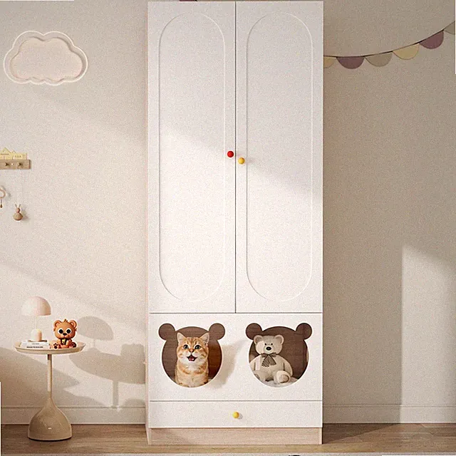 2 Türen Kleiderschrank Stauraumkommode Hochschrank mit Katzenbett, Bügelstange