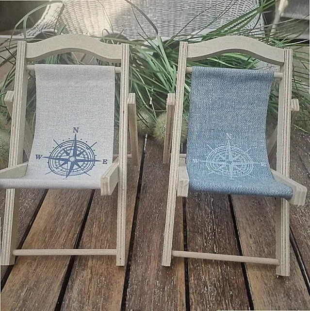 2 x Liegestuhl Klappen Puppen Möbel Gartenmöbel Holz Kompass blau Deko Maritim