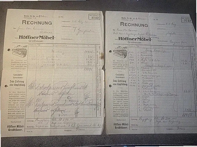 2 x Rechnungen - Höffner Möbel Großhäuser - Berlin 1920