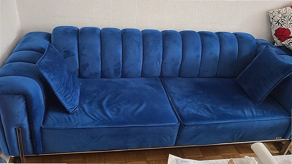 2 x Samt Sofa 3-Sitzer Blau modern Metallgestell inkl. 2 Kissen 200x95x85