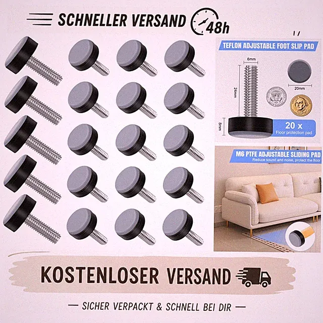 20 X PTFE Stellfüße Möbelgleiter mit M6 Gewinde für Bodenschoner