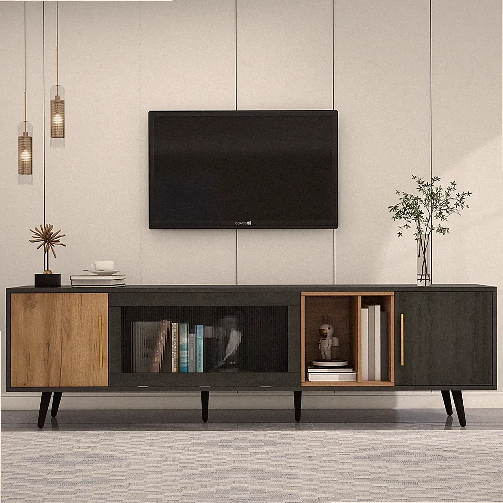 200cm TV-Schrank Fernsehschrank Lowboard mit Glastür offenes Staufach Holz Grau