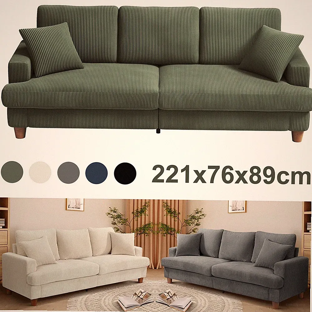 221cm 3-Sitzer Cord Sofa 53cm Sitztiefe Bequemes Couch Wohnzimmer mit 2 Kissen