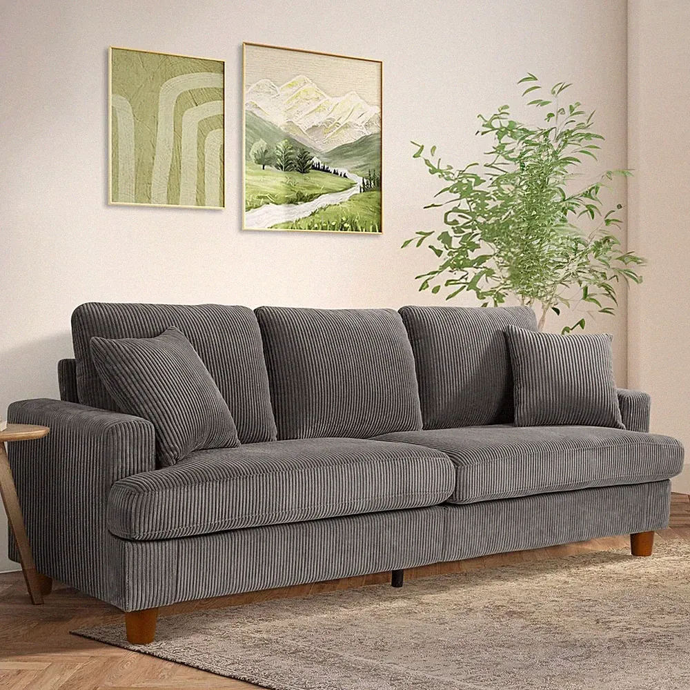 221CM Bequemes Couch 3 Sitzer Cord Sofa Modernes Couch f. Büro Schlafzimmer Grau