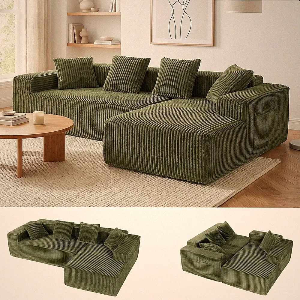 261CM Corduroy Ecksofa Sofa Eckcouch Polsterecke Modulsofa Wohnlandschaft Grün