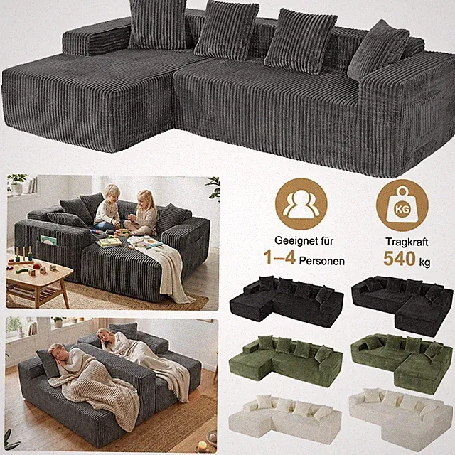 261cm Modulares Ecksofa mit Ottomane Cord Schlafsofa L-Form mit Schlaffunktion