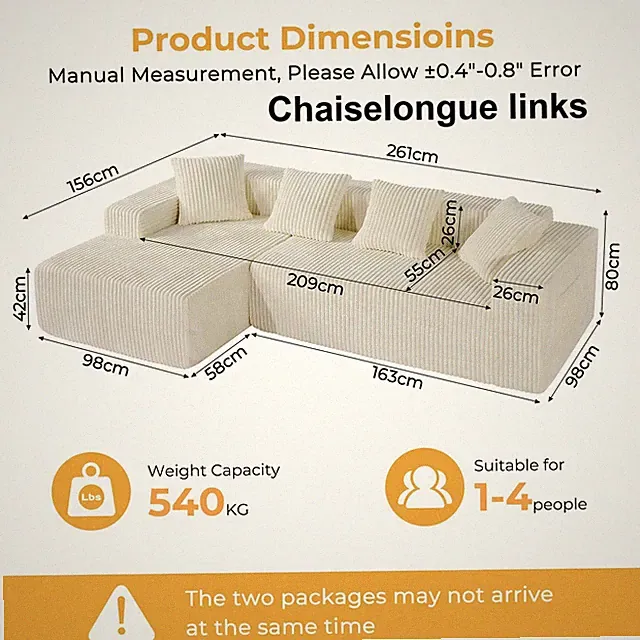 261cm Modulares Ecksofa mit Ottomane Cord Schlafsofa L-Form mit Schlaffunktion
