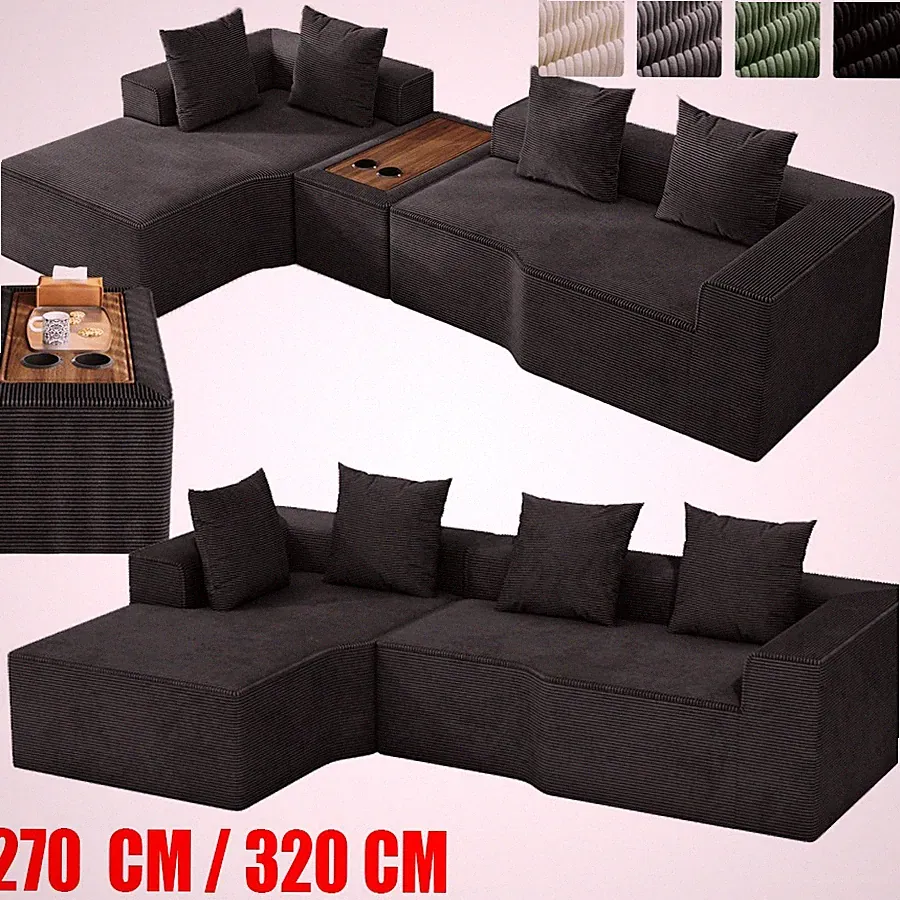 270 / 320cm Ecksofa mit Ottomane L-Form Couch Modulares Sofa 4 Sitzer Cordstoff