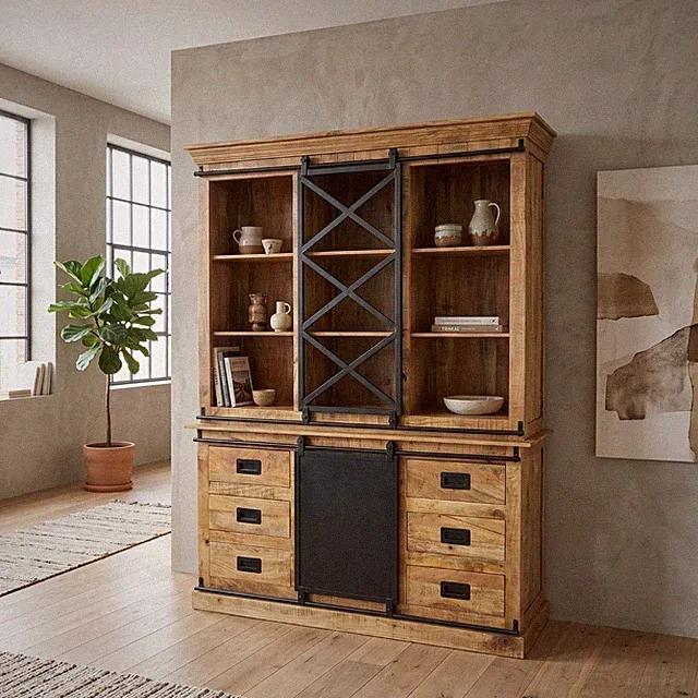 28725 Vitrine Bücherschrank Mangoholz 1,60 m