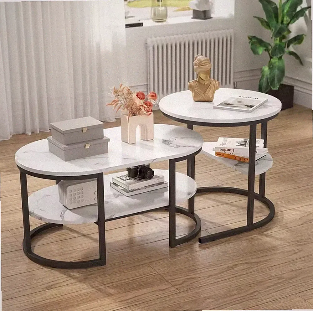 2er Couchtisch Set Modern Marmoroptik Wohnzimmertisch Schwarz Metallgestell