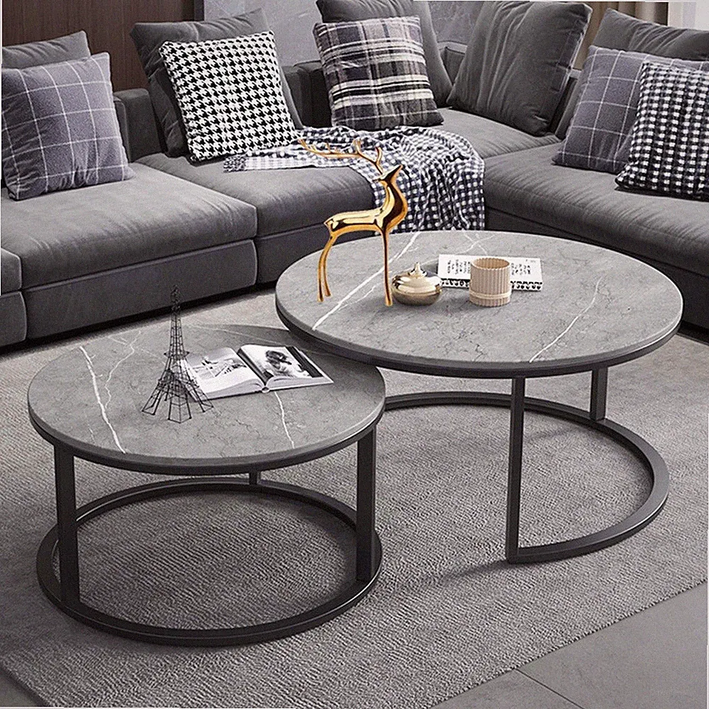 2er Couchtisch Set Wohnzimmertisch Rund Beistelltisch Sofatisch Modern Marmor DE