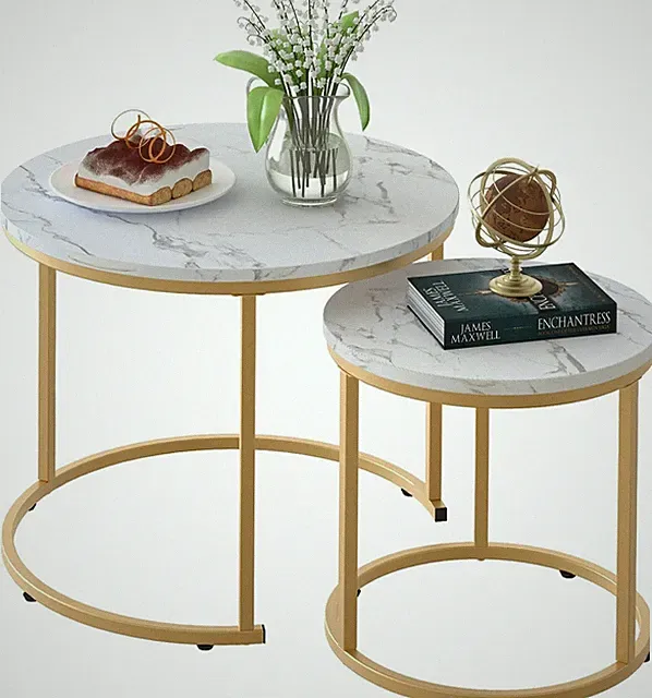 2er Set Beistelltisch Set Rund, Sofatische, Couchtisch aus Holz mit Metallrah...