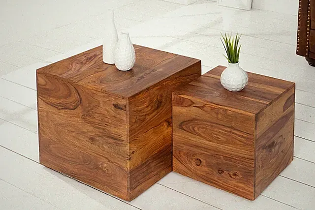 2er Set Beistelltische Makassar Sheesham Holz Couchtisch Würfel Cube massiv