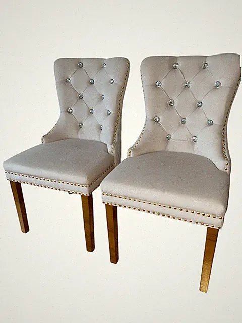2er Set Chesterfield mit Kristallen Samt Beige | Goldfarben Esszimmerstühle