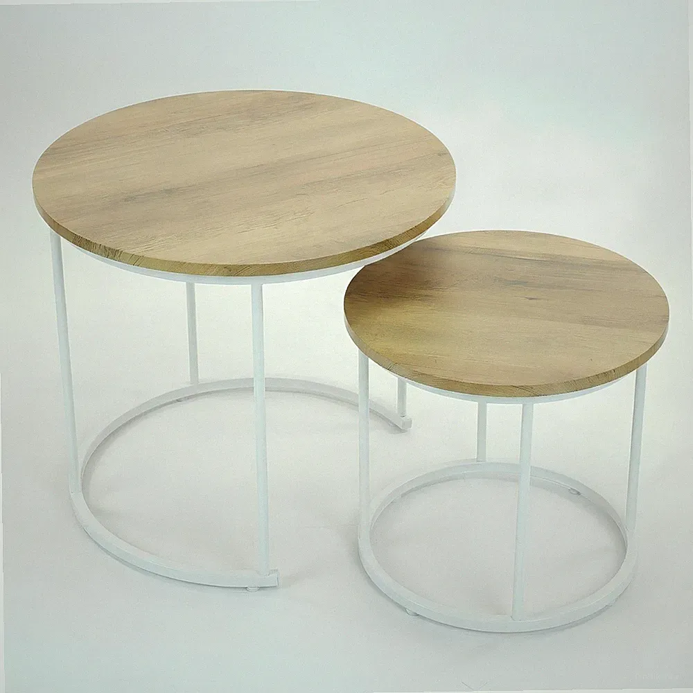 2er Set Couchtisch Beistelltisch Sofatisch Kaffeetisch Eichen mit weißes Gestell