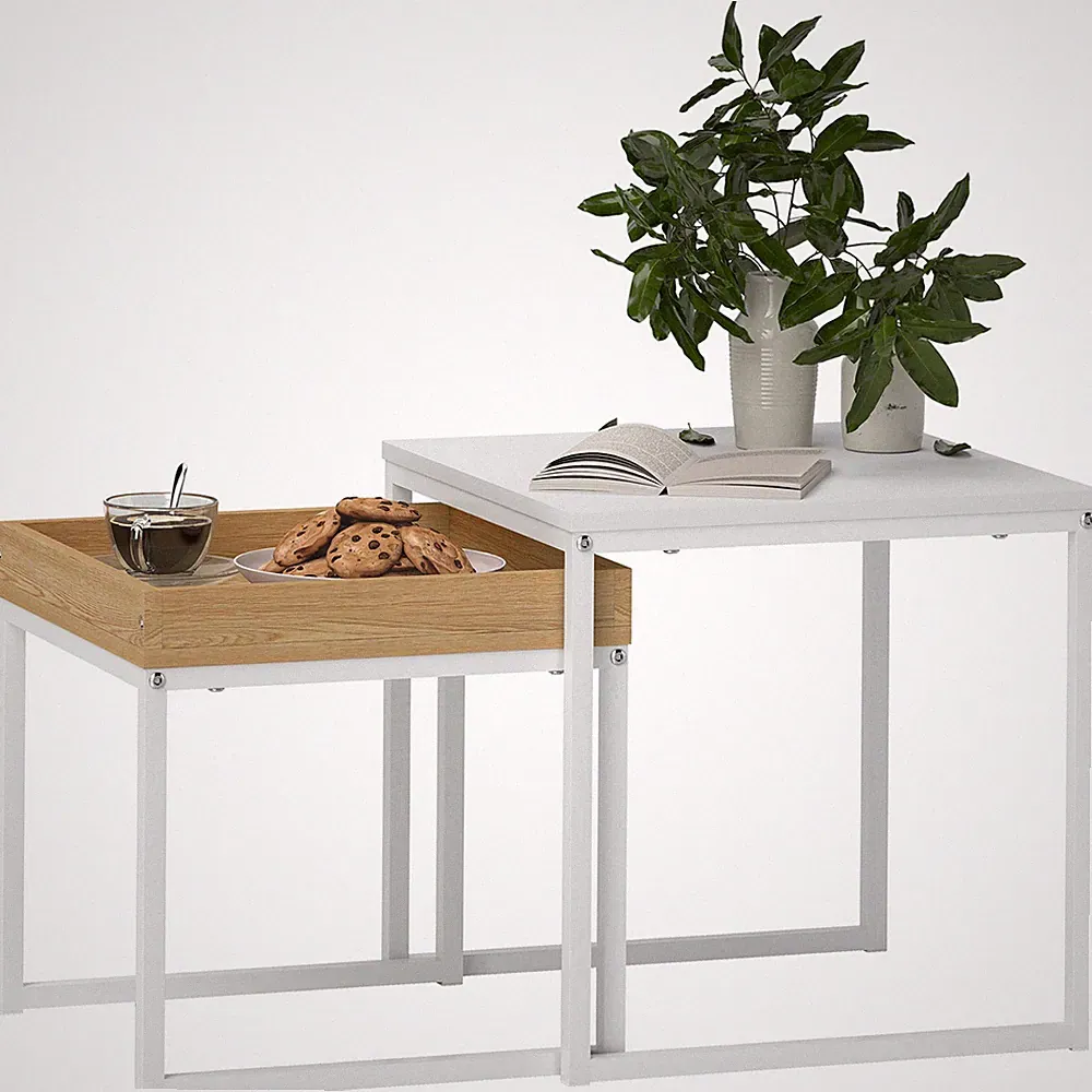 2er-Set Couchtisch, Eckiger Beistelltisch, Kaffeetisch mit Stahlgestell bis 30kg