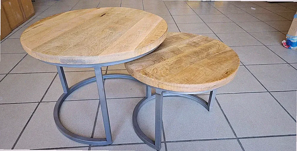 2er Set Couchtisch Sam Mangoholz rund Metall Mango Satztische Sofatisch Grau NEU