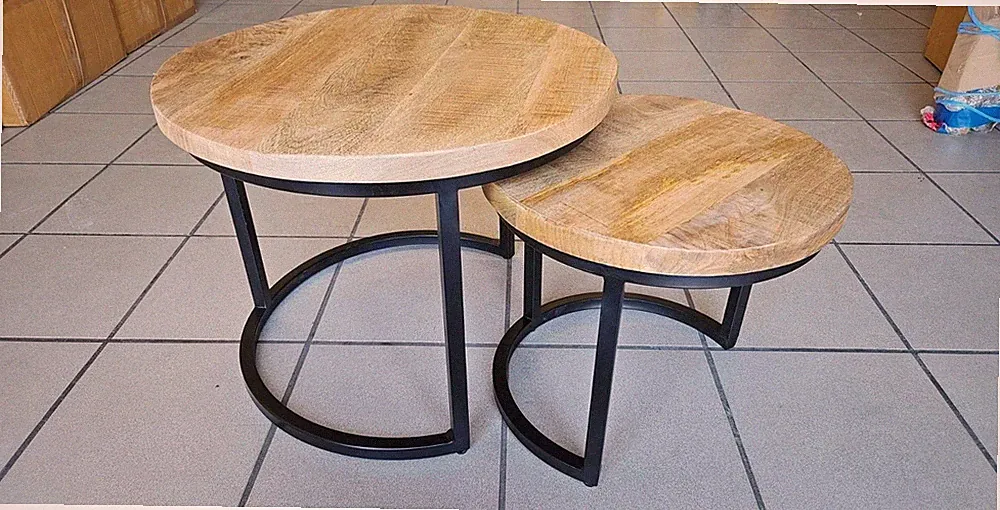 2er Set Couchtisch Sam Mangoholz rund Metall Mango Satztische Sofatisch Schwarz