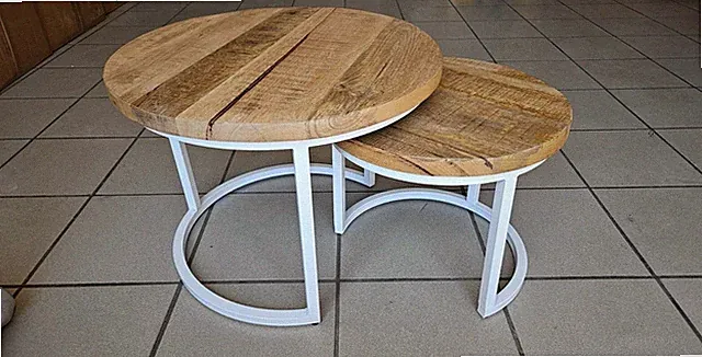 2er Set Couchtisch Sam Mangoholz rund Metall Mango Satztische Sofatisch weiß NEU