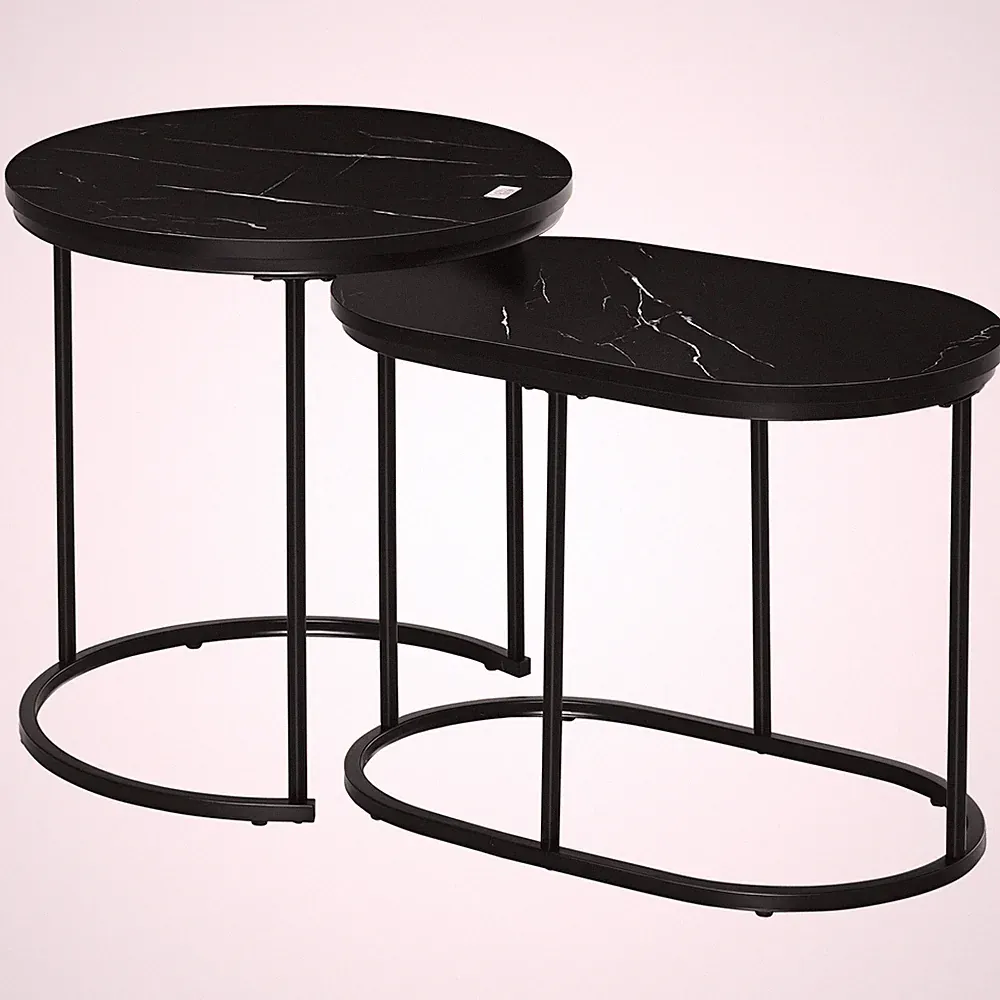 2er Set Couchtisch Satztisch Rund mit Faux Marmor Seite bis 30 kg Stahl Schwarz