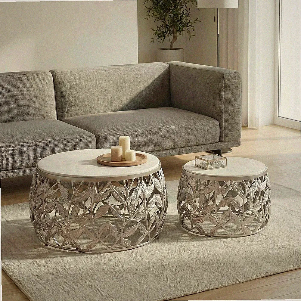 2er Set Couchtisch silber Marmor rund Wohnzimmertisch Beistelltisch Satztisch