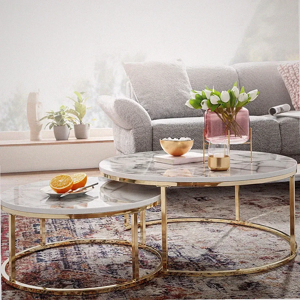 2er Set Couchtisch Sofatisch Weiß Marmor Optik Gold Silber Rund Satztisch Tisch