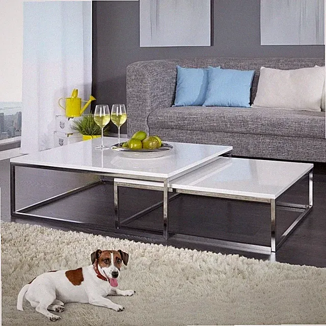2er Set Design Couchtisch MENTO weiss hochglanz 75cm Edelstahl