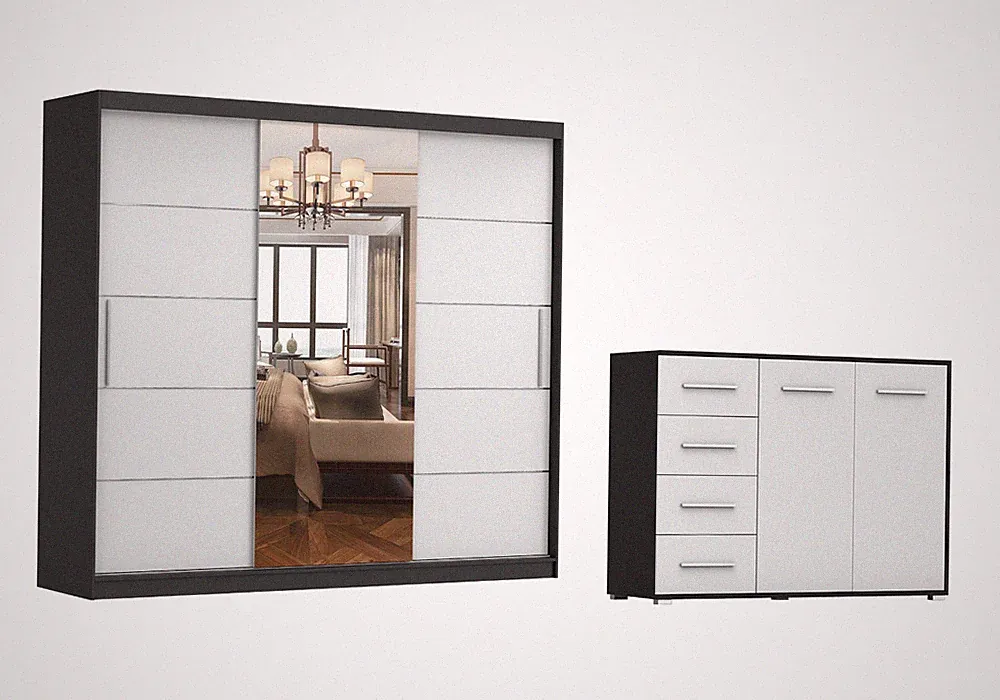 2er-Set Schwebetürenschrank ALBA I Kommode FRIDA 01 Schwarz/Weiß