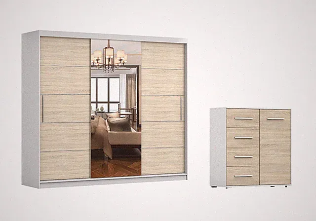 2er-Set Schwebetürenschrank ALBA I Kommode FRIDA MINI 01 Weiß/Sonoma + LED
