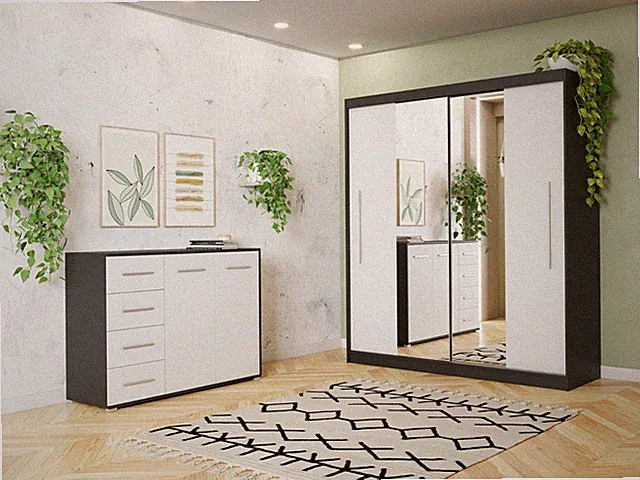 2er-Set Schwebetürenschrank TORINO I Kommode FRIDA 01 Schwarz/Weiss