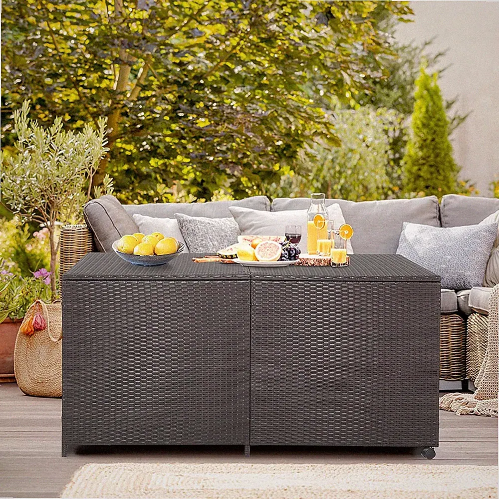2in1 Gartenbox & Gartentisch Kissenbox Polyrattan Terrassenbox 662 L mit Rädern