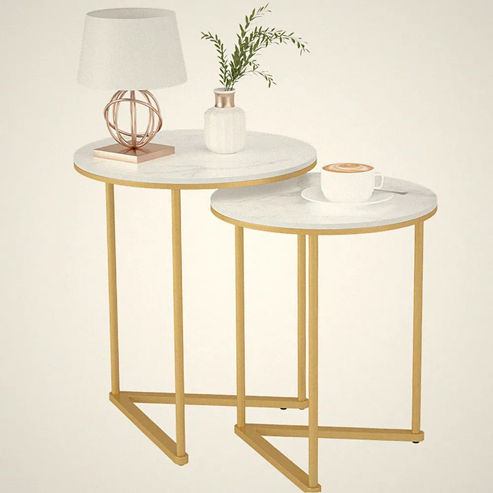 2x klein Couchtisch Set Beistelltisch Gold Rund Wohnzimmer Marmor Minimalistisch