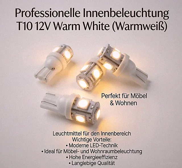 💡2x LED 12V 5x 5050 SMD Fassung T10 W5W - Warmweiß 360° Lampe Wohnung Möbel💡