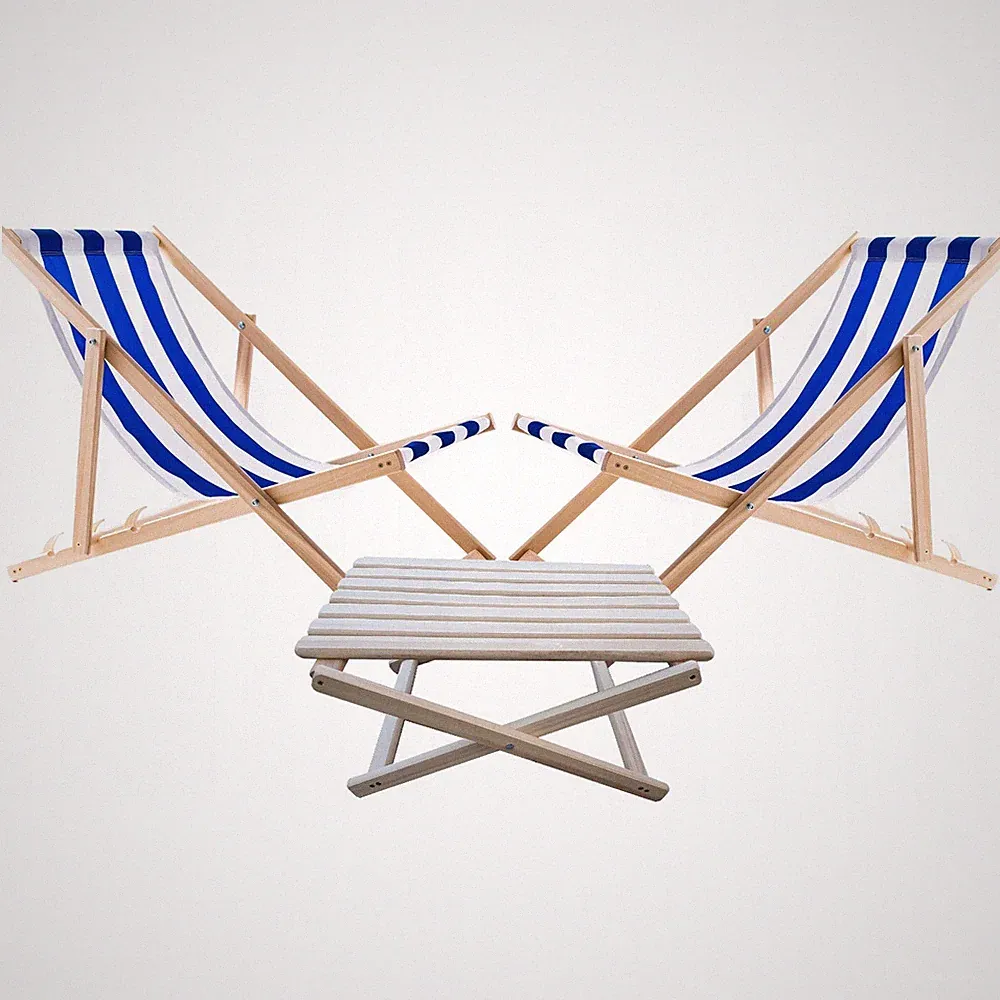 2x Liegestühlen + Couchtisch Gartenliege Set, Balu-Weiß, Holz, Zusammenklappbar