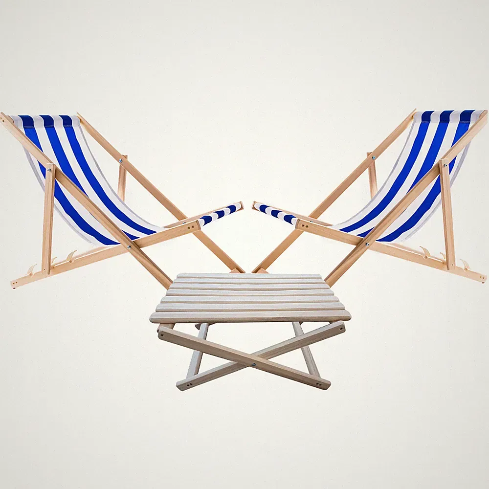 2x Liegestühlen + Couchtisch Gartenliege Set Blau-Weiß Holz Zusammenklappbar