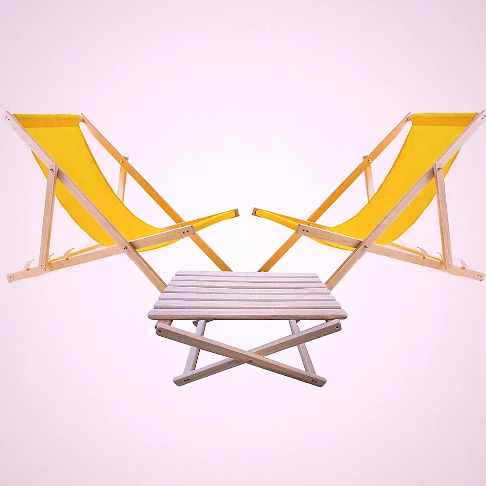 2x Liegestühlen + Couchtisch Gartenliege Set, Gelb, Holz, Zusammenklappbar