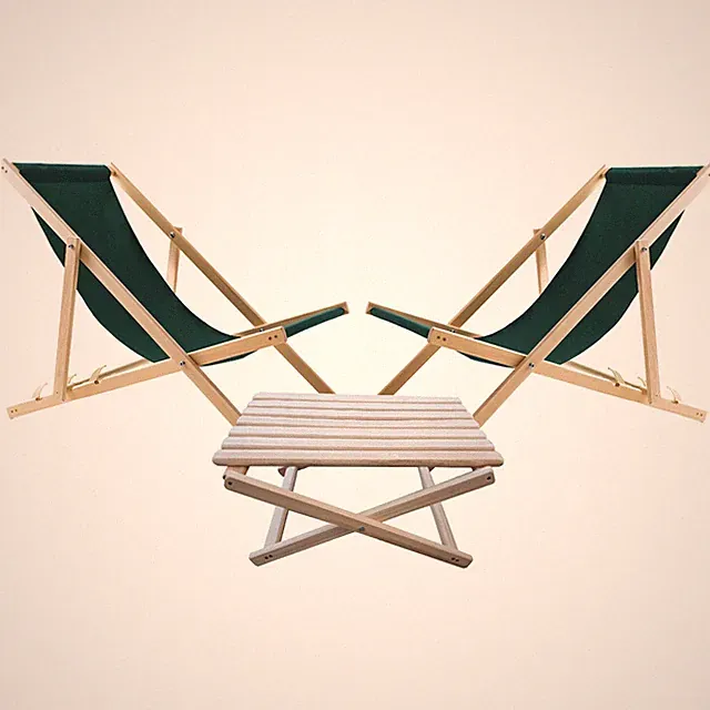 2x Liegestühlen + Couchtisch Gartenliege Set, Grün, Holz, Zusammenklappbar