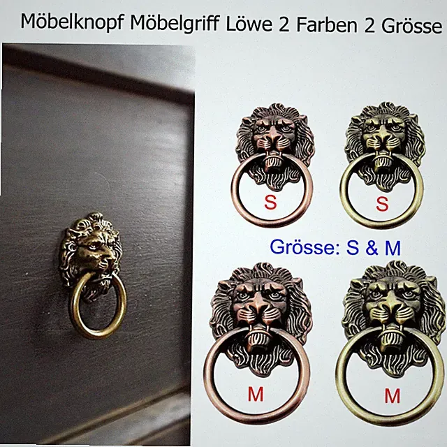 2x Möbelknopf Möbelgriff Schrank Schublade Griffe Knöpfe Ring Antik Löwe Retro