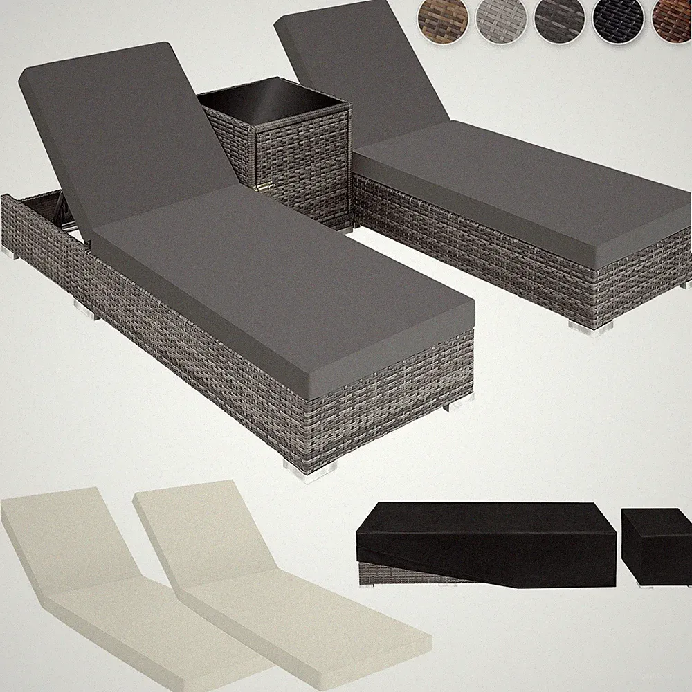 2x Polyrattan Sonnenliege + Tisch Aluminium Gartenliege Rattan Liege Gartenmöbel