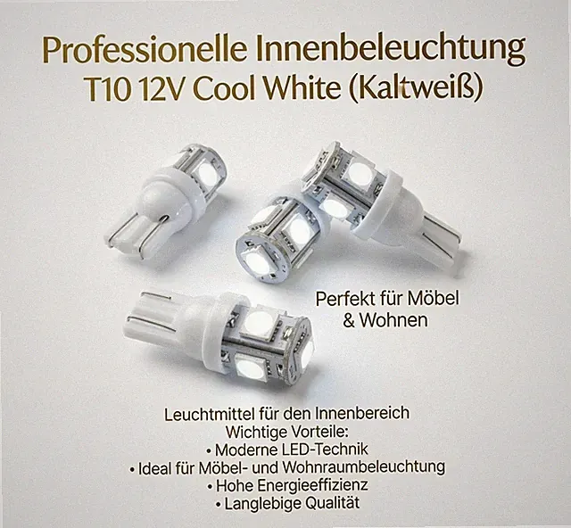 💡💡2x T10 W5W Kaltweiß LED 12V 360° Vitrinen & Möbel Akzentbeleuchtung💡💡