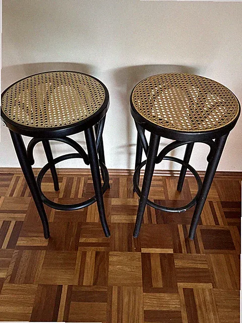 2x Vintage Barhocker im Thonet-Stil – Wiener Geflecht – Holz – Schwarz