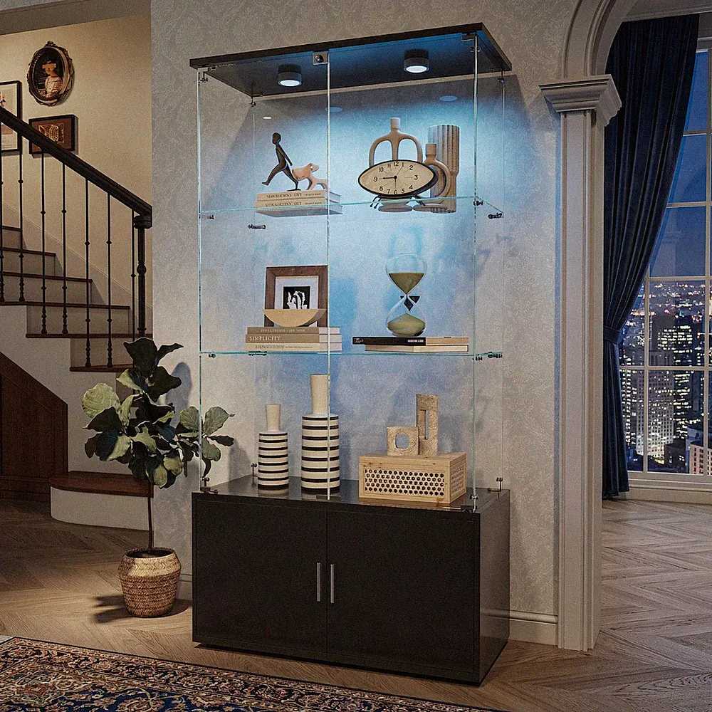 3 Lagen Sammlervitrine LED,Glas Vitrinenschrank mit Tür und Schloss Vitrine Glas