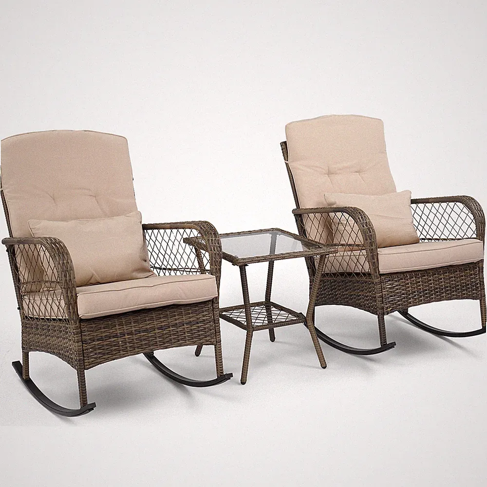 3 Set Gartenmöbel Set Balkonmöbel mit 2 Rattan-Schaukelstühle&Tisch Sitzgruppe