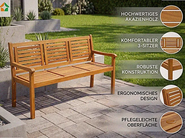 3-Sitzer Gartenbank aus Akazienholz, ca. 153 x 90 x 57 cm - Braun