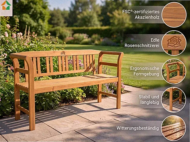 3-Sitzer Gartenbank aus Akazienholz, ca. 157 x 49 x 82cm - Rose