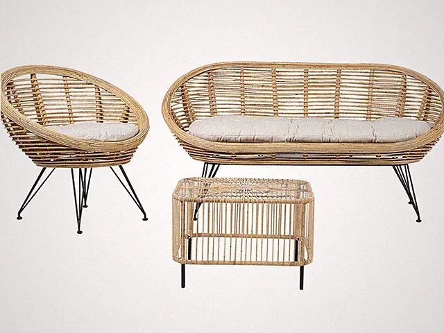 3-Sitzer Lounge Set 3-teilig Rattan natürlich Auflagen beige Metallbeine Maratea