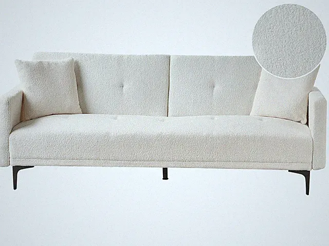 3-Sitzer Schlafsofa Bouclé weiß gesteppt mit Metallbeinen schwarz 2 Kissen Lucan