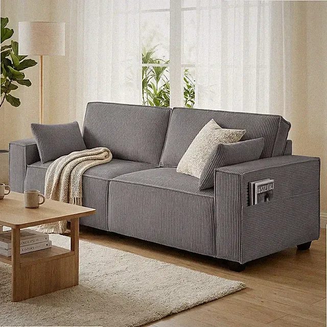 3-Sitzer Sofa, 217 cm Couch mit Breiten Armlehnen, 2 Kissen, Refurbished